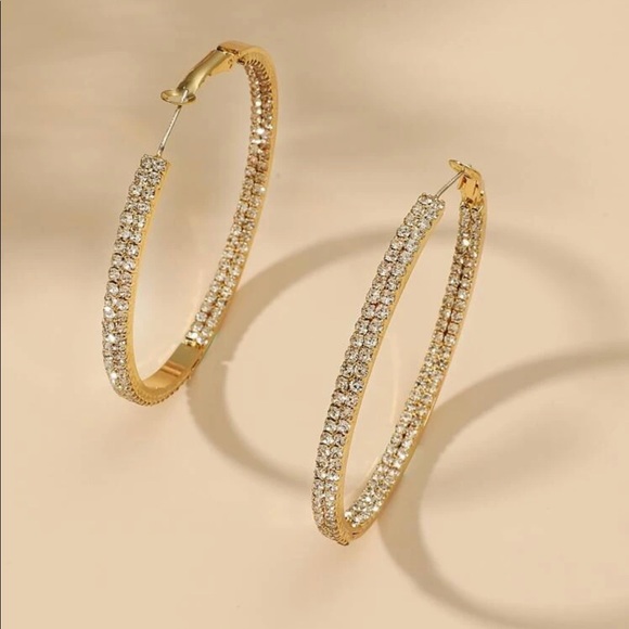 Woman’s Gold Pave’ Large Gold Hoop Earrings - Picture 3 of 8